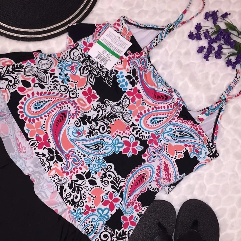 Women's Black Swimdress with Pink & Blue Paisley Print